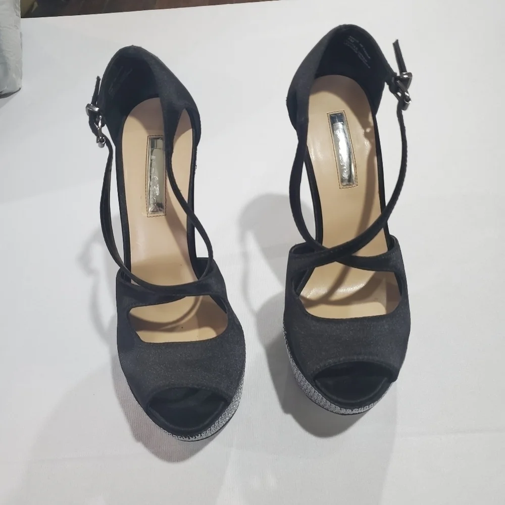 H by Halston Black Leather Rhinestone Platforms 7